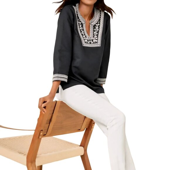 Talbots Embroidered Linen Cotton Tunic Black 3/4 Sleeve Size L - Picture 4 of 8
